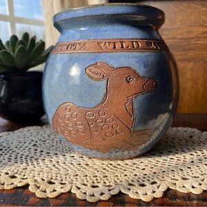 Vintage 1987 Studio Pottery Minnesota Wild Rice Blue Canister Crock Handmade EUC